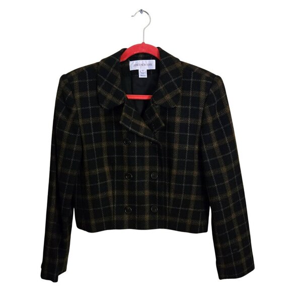 Jones New York Vintage Black Plaid Double Breasted Cropped Wool Jacket Size 10 - Picture 1 of 6
